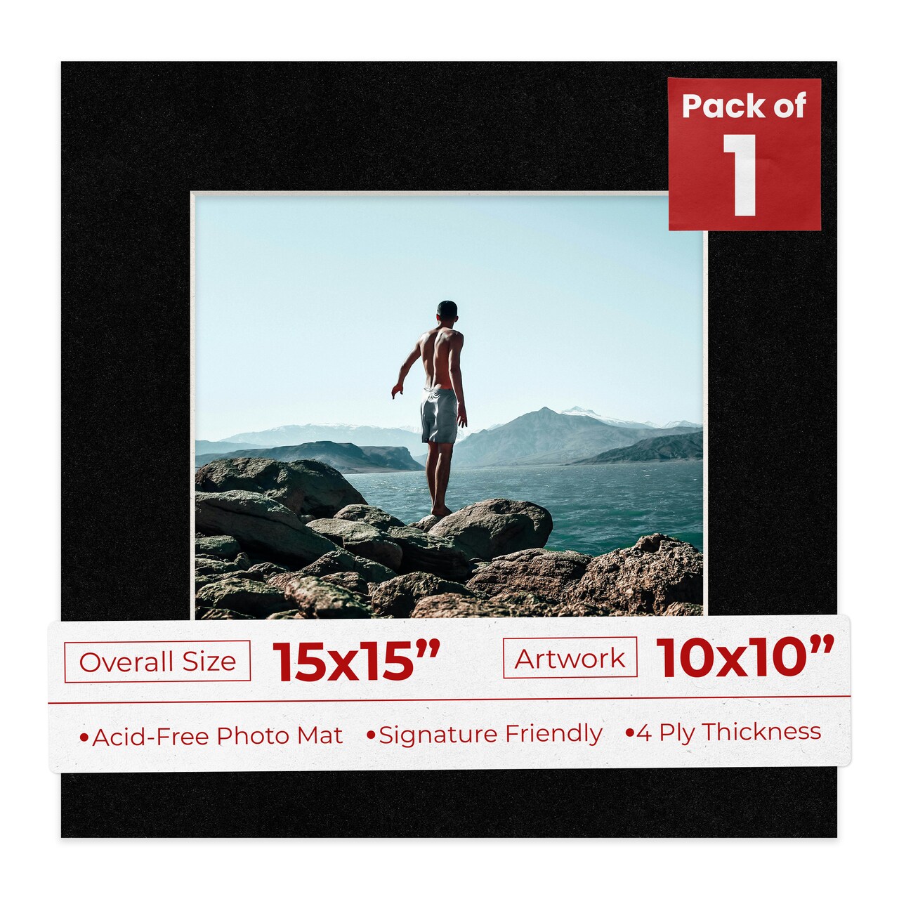 Black with Black Core Mat Board for 15x15 Frames - Fits 10x10 Photos